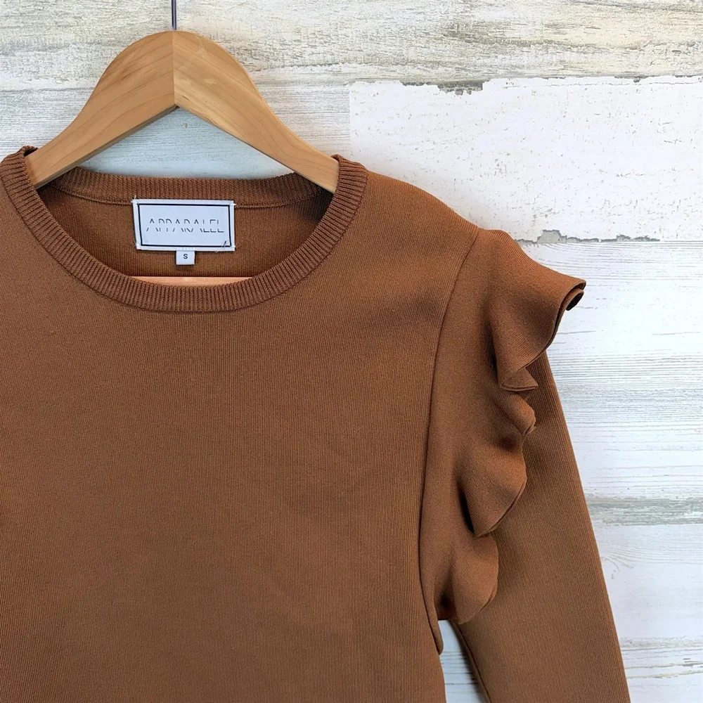 Apparalel Ruffled Shoulder Long Sleeve Top Brown Size Small - Picture 8 of 12